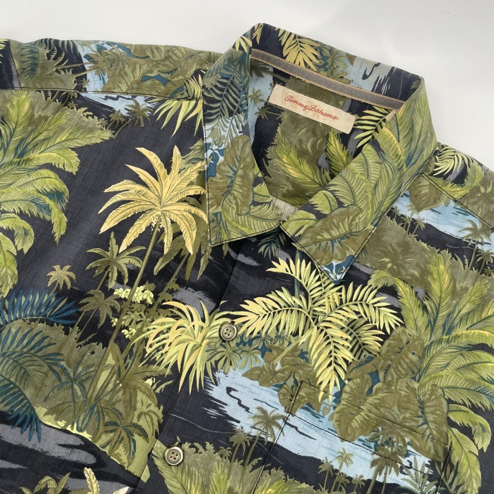 Tommy Bahama Button Down Shirt Mens XL Green Silk Tropical Palm Island Aloha